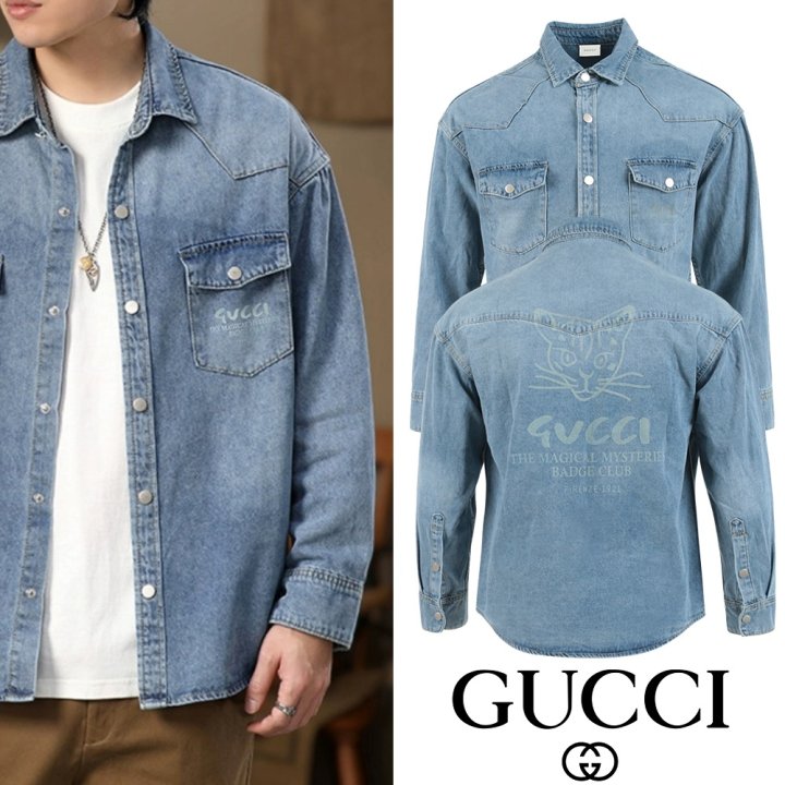 GUCCI 구찌 캣프린팅 워싱 데님 셔츠