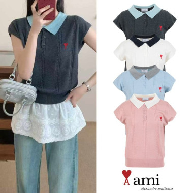 AMI 아미 카라배색 반팔 니트