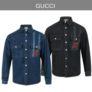GUCCI 구찌 포켓 포인트레더 스냅 데님셔츠