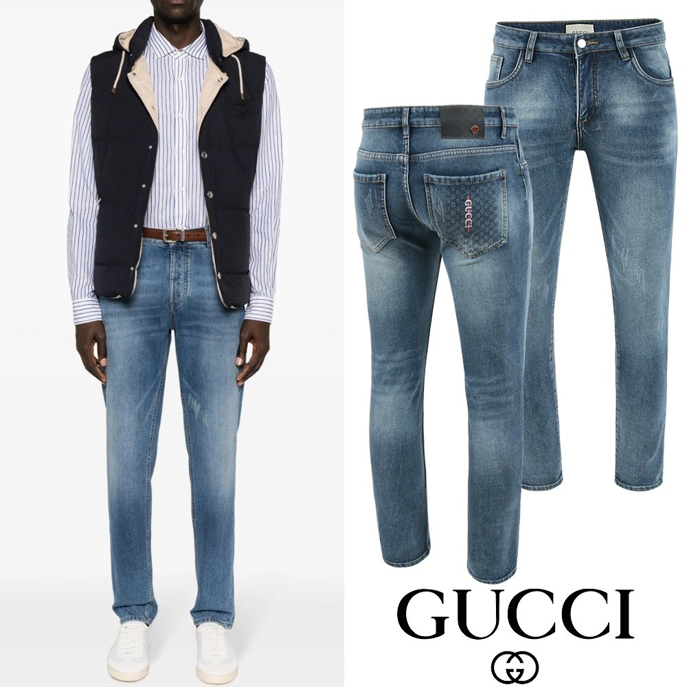 GUCCI 구찌 자가드 버티컬 자수 융기모 슬림진